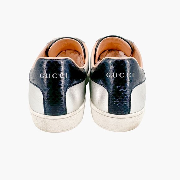 Gucci Ace Web Stripe Sneaker EU 38.5 US 8.5 Metallic Silver Leather Low Top Shoe - Picture 6 of 12